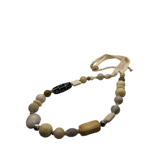 Chico's Multimedia Beaded Necklace Glass Stone Wicker Tans and Grays - Picture 1 of 5